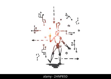 Roboter, Maschine, Schema, Mikrochip, android-Konzept. Handgezeichneter Roboter und android Schema Konzept Skizze. Isolierte Vektordarstellung. Stockfoto