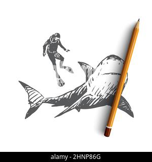 Meer, Fauna, Hai, Schwimmen, Unterwasser, Meereskonzept. Handgezeichnetes Studium der Meeresfauna. Konzept-Skizze Hai und Taucher. Isolierter Vektor illustrr Stockfoto