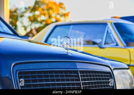 Mercedes Benz Logo auf einem modernen Auto. Mercedes-Benz ist ein deutscher Automobilhersteller. Die Marke wird für Luxusfahrzeuge, Busse, Reisebusse und Lastwagen verwendet. Stockfoto