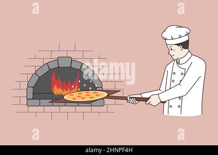 Mann Koch kochen Pizza im Steinofen im Restaurant. Lächelnde männliche Pizzaiolo bereiten italienische leckere Fast-Food-Gericht oder Mahlzeit. Pizzaman Kochen in der Pizzeria. Ea Stockfoto