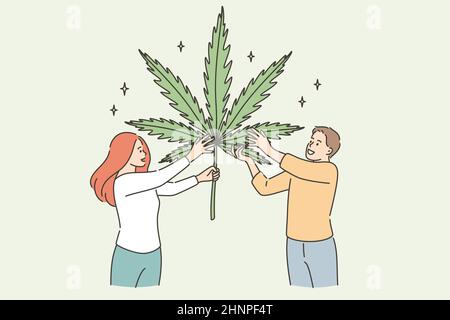 Anbau von Marihuana Kräutermedizin Konzept. Zwei junge lächelnde Menschen Comic-Figuren stehen mit riesigen Marihuana-Blatt in den Händen Vektor illustrati Stockfoto