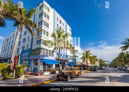 Statue von Humprey Bogart als Fahrer in einem alten Oldtimer-Parkplatz am Ocean Drive Stockfoto