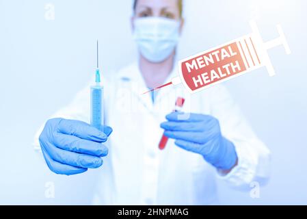 Konzeptionelle Bildunterschrift psychische Gesundheit, Geschäftsansatz Personen befinden ihr psychologisches Wohlbefinden Testen eines neuen Impfstoffs für den Virusprese Stockfoto