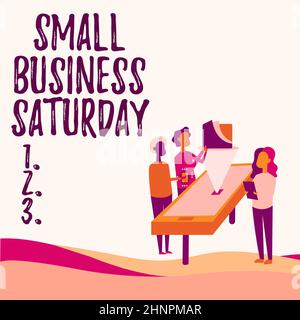 Textunterschrift über Small Business Saturday, Word geschrieben über amerikanische Shopping-Ferien, die während des Samstags von Kollegen Drawing neben dem Hotel abgehalten wurden Stockfoto