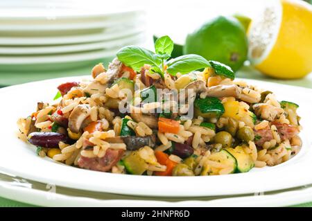 Risotto mit Huhn und Gemüse auf weißen Teller Stockfoto