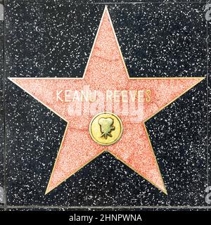 Nahaufnahme von Star auf dem Hollywood Walk of Fame für Keanu Reeves. Stockfoto