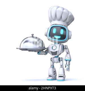 Cute blauen Roboter halten Serving Cloche 3D Rendering Illustration isoliert auf weißem Hintergrund Stockfoto