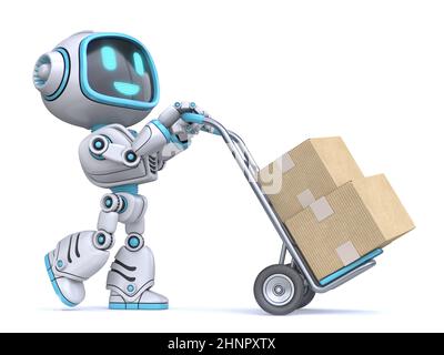 Niedliche blaue Roboter Push Hand LKW 3D-Rendering-Illustration auf weißem Hintergrund isoliert Stockfoto