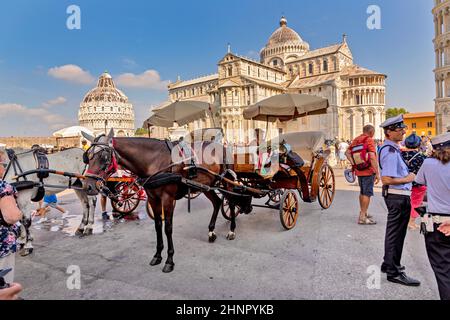 Die Leute besuchen die berühmte piazza del miracoli in Pisa mit Turm und benutzen einen Pferdewagen, Toskana, Italien Stockfoto
