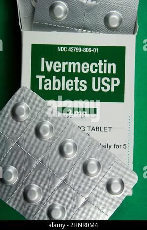 Ivermectin-Tabletten – antivirales Medikament zur Behandlung von Covid 19 und anderen Virusinfektionen Stockfoto