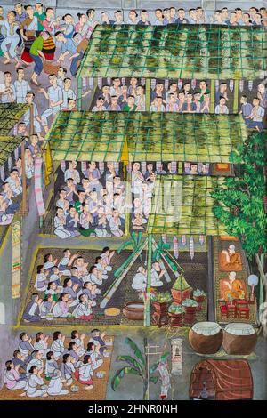 Alte Thai Lanna Stil Wandgemälde von buddhistischen Festival Stockfoto