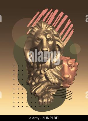 Collage mit Löwen im Pop-Art-Stil. Modernes kreatives Konzeptbild mit alter Statue. Stockfoto