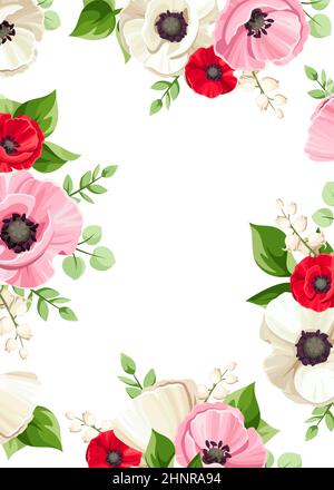 Vektorkarte mit roten, rosa und weißen Mohnblumen und Maiglöckchen Blüten und grünen Blättern. Grußkarten- oder Einladungskarten-Design Stock Vektor