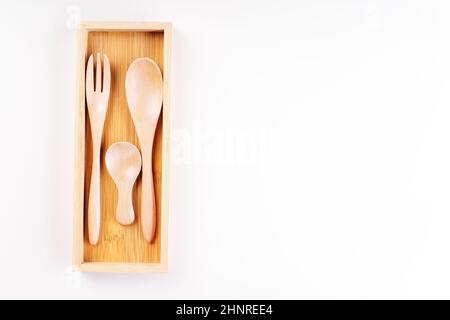 Set aus umweltfreundlichen Bambus essen, Holzbesteck.Zero Abfall Reisen set.Wooden Besteck für wiederverwendbare use.Environmental Protection Concept.Made of Stockfoto
