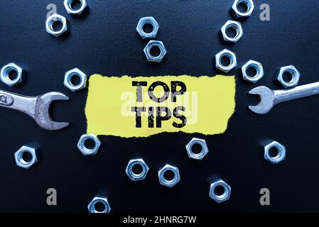 Handschriftentext Top-Tipps, Wort auf kleinem, aber besonders nützlichem Stück praktischer Rat Workshop Verbesserungsideen Produktivität Inspiration Stockfoto