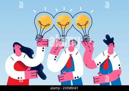 Teamwork, innovative Ideen und Kreativitätskonzept. Gruppe von jungen lächelnden Geschäftsleuten Mitarbeiter denken zusammen, haben große Idee auf Verstand mit Stockfoto