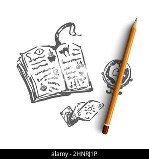 Magie, Buch, Halloween, Urlaub, Schlangenkonzept. Handgezeichnetes Zauberbuch mit Zaubersprüchen Konzeptskizze. Isolierte Vektordarstellung. Stockfoto