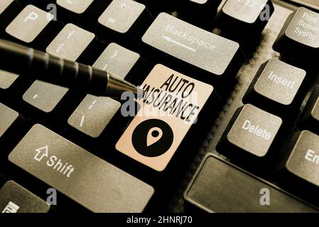 Inspiration showing sign Auto Insurance, Business Idea Schutz vor finanziellen Verlust im Falle eines Unfalls Abstract Tippen Eines guten Restaurants Bewertung, Stockfoto