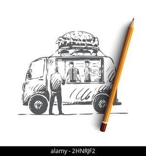 Burger, Auto, Fast Food, Shop, LKW-Konzept. Handgezeichnetes Auto mit Burger und Fast-Food-Konzept Skizze. Isolierte Vektordarstellung. Stockfoto