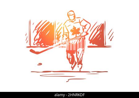 Kanada, Hockey, Symbol, Land, Sportkonzept. Hand gezeichnet kanadischen Mann spielen Hockey Konzept Skizze. Isolierte Vektordarstellung. Stockfoto