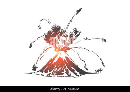 Vulkan, Lava, Eruption, Berg, Asche Konzept. Handgezeichnete Bergeruption mit Lava, Feuer. Skizze für das Konzept der Naturkatastrophe. Isolierter Vektor illustrr Stockfoto