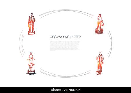 Segway Scooter - Geschäftsmann, Mädchen und Mann Reiten segway Vektor-Konzept-Set. Von Hand gezeichnete Skizze isolierte Illustration Stockfoto