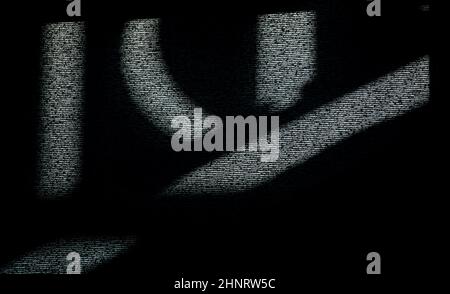 Abstraktes Design von Linien oder symbolförmigen Schatten auf Fensterblind von Sonne texturierten Hintergrund oder Hintergrund horizontalen Format in schwarz grau und weiß Stockfoto