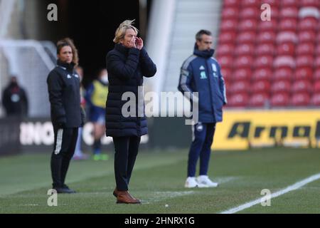 MIDDLESBROUGH, GROSSBRITANNIEN. FEB 17th Deutschland-Chefcoach Martina Voss-Tecklenburg beim Arnold Clark Cup Spiel zwischen Deutschland und Spanien im Riverside Stadium, Middlesbrough am Donnerstag, 17th. Februar 2022. (Kredit: Mark Fletcher | MI News)L Kredit: MI Nachrichten & Sport /Alamy Live News Stockfoto