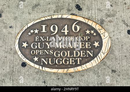 Platte zur Eröffnung des Golden Nugget 1946 von Guy McAfee in der Fremont Street, Las Vegas Stockfoto