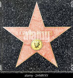 Nahaufnahme von Star auf dem Hollywood Walk of Fame für Keanu Reeves. Stockfoto