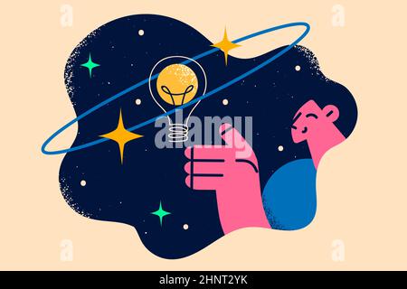 Idee, Kreativität und Raumkonzept. Junge lächelnde Frau Zeichentrickfigur, die nach Glühbirne greift, die im Weltraum schwebt Vektor-Illustration Stockfoto