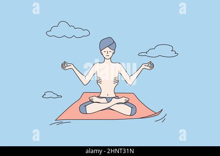 Yogi-Mann in Turban meditieren Yoga in Lotusposition Mudra Hände üben. Ruhiger indischer männlicher Guru-Lehrer, Meditationssitzung, frische Luft atmen r Stockfoto