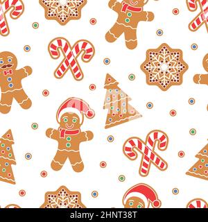 Weihnachten Musterdesign. Lebkuchen Mann. Snow Flake, Weihnachtsbaum, Zuckerstange. Grafisches Gestaltungselement für Verpackungspapiere, Drucke, Schrott Stockfoto