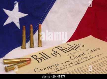 Bill of Rights with Bullets and American Flag Background Stockfoto