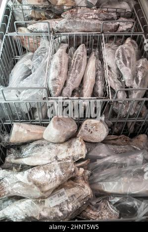 Gefrorene Meeresfrüchte im Kühlschrank auf dem Fischmarkt. Stockfoto
