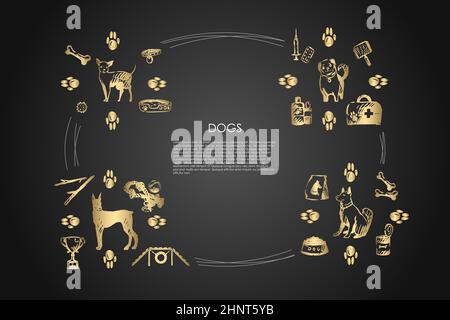 Hunde - verschiedene Hunderassen mit Futter, Knochen, Kragen, Fußabdrücke, Schüssel, Spielzeug, Tierarzt Objekte Vektor-Konzept-Set. Von Hand gezeichnete Skizze isolierte Illustration Stockfoto