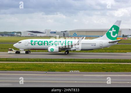 Transavia Boeing 737-800 Flugzeug Amsterdam Schiphol Flughafen in den Niederlanden Stockfoto