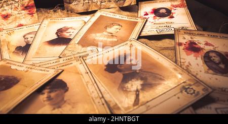 Jack the Ripper Victims, Scotland Yard, 1888. Der Mörder ermordete 12 Frauen. Bilder mit Blut - ein dunkles Verbrechen aus der viktorianischen Zeit. Stockfoto