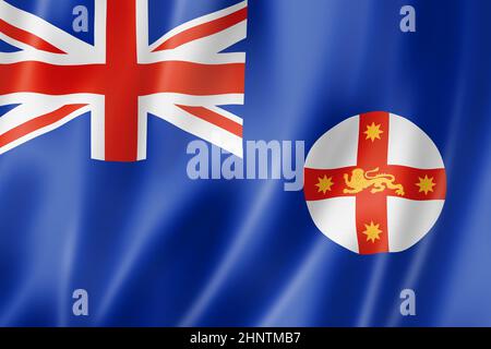 Staatsflagge von New South Wales, winkende Banner-Kollektion von Australien. 3D-Illustration Stockfoto