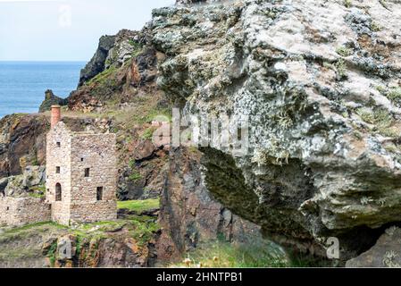 Blick von einer mit Blumen bedeckten Klippe, UNESCO-Weltkulturerbe, an einem ruhigen Sommertag an der dramatischen Küste Nordkorniens, einem beliebten Urlaub des National Trust Stockfoto