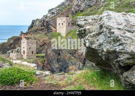 Blick von einer mit Blumen bedeckten Klippe, UNESCO-Weltkulturerbe, an einem ruhigen Sommertag an der dramatischen Küste Nordkorniens, einem beliebten Urlaub des National Trust Stockfoto