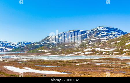 Erstaunliches Vavatn Seenpanorama raue Landschaft Blick Felsen Felsbrocken und Berge mit Schnee im Sommer in Hemsedal Norwegen. Stockfoto