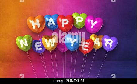 Bunte fröhliche neue Jahr Herz-Form Ballons auf einem Regenbogen Hintergrund. Horizontales Banner. Rendering von 3D-Illustrationen Stockfoto