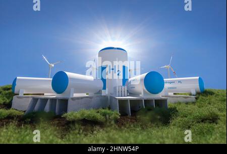 Wasserstoff erneuerbare Energieerzeugung - Wasserstoffgas für sauberen Strom Solar-und Windturbinenanlage. 3D Rendern. Stockfoto