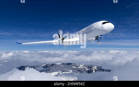 Wasserstoff gefüllt H2 Flugzeug fliegt am Himmel - Energiekonzept der Zukunft H2. 3D Rendern Stockfoto