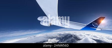 Wasserstoff gefüllt H2 Flugzeug fliegt am Himmel - Energiekonzept der Zukunft H2. 3D Rendern Stockfoto