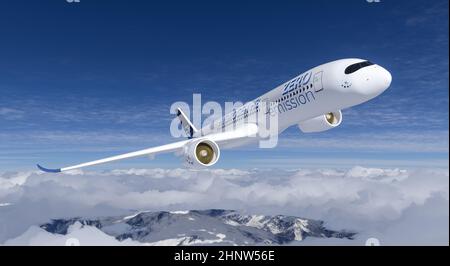 Wasserstoff gefüllt H2 Flugzeug fliegt am Himmel - Energiekonzept der Zukunft H2. 3D Rendern Stockfoto