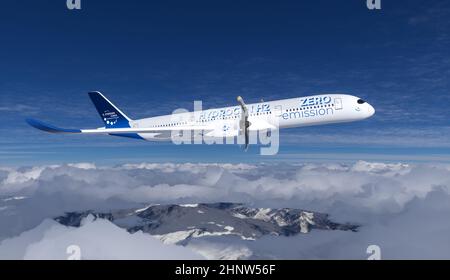 Wasserstoff gefüllt H2 Flugzeug fliegt am Himmel - Energiekonzept der Zukunft H2. 3D Rendern Stockfoto