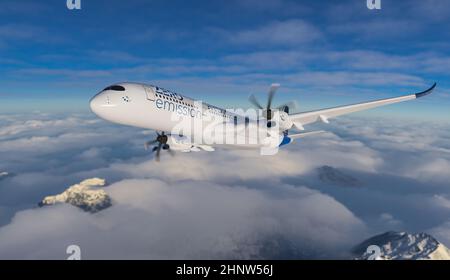 Wasserstoff gefüllt H2 Flugzeug fliegt am Himmel - Energiekonzept der Zukunft H2. 3D Rendern Stockfoto