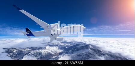 Wasserstoff gefüllt H2 Flugzeug fliegt am Himmel - Energiekonzept der Zukunft H2. 3D Rendern Stockfoto